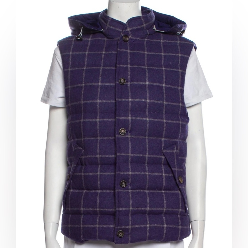 Carol Barbera Kiton Purple Plaid Puffer Vest